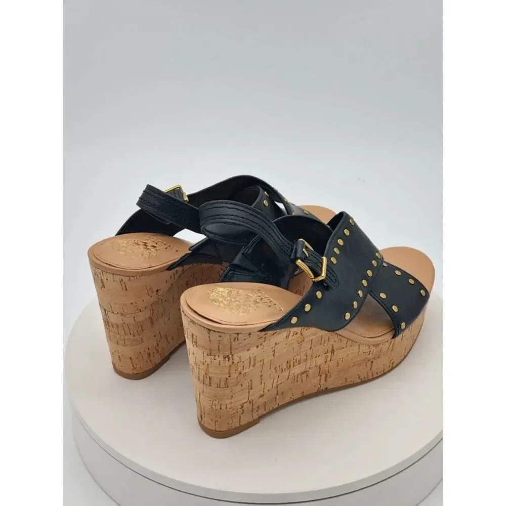 Vince Camuto Ellana Black Leather Studded Cork Wedge Sandals Women’s Size 9M New